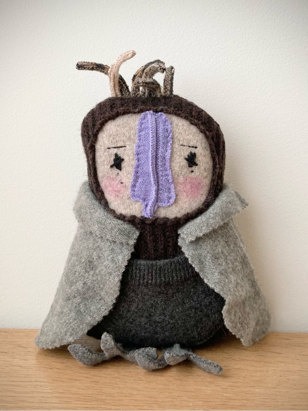joodito brown owl sweater pillow reclaimed wool cashmere folk art doll wabi sabi